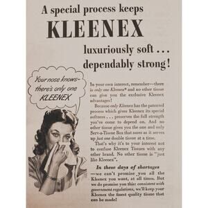 1944 Kleenex Woman with‎ tissue to face - Your nose Knows - Vtg Print Ad